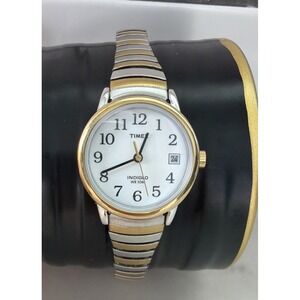 Timex Easy Reader Watch Women 25mm Silver Gold Two Tone Date Stretch Band